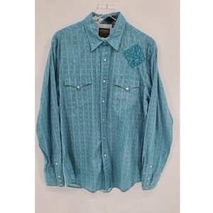 Roper Western Embroidered Pearl Snap Shirt Mens Size Large Rodeo Aqua Cotton